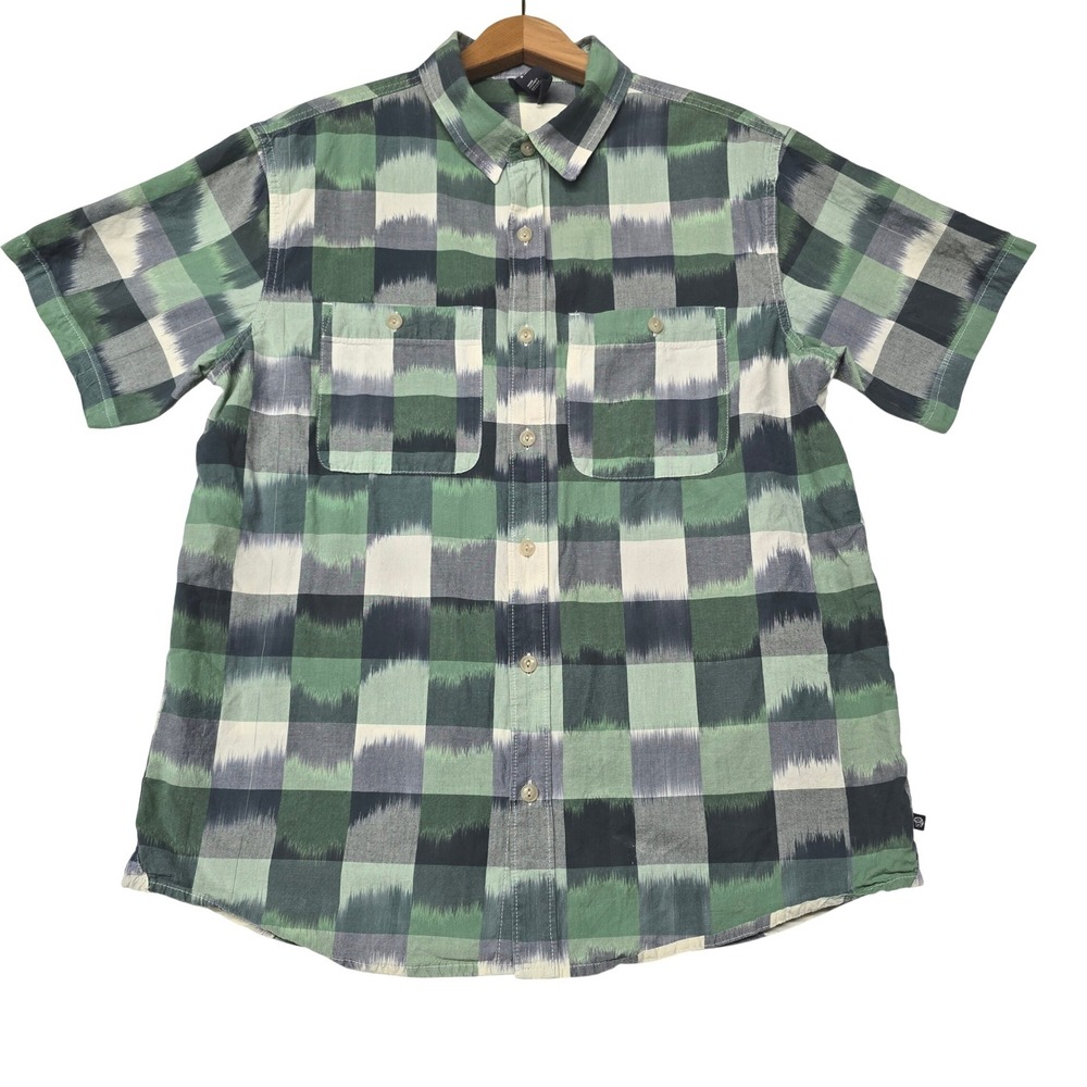 Mountain Hardwear Mens Large Green Ikat Plaid Shirt Hiking Outdoors Camping Gorp